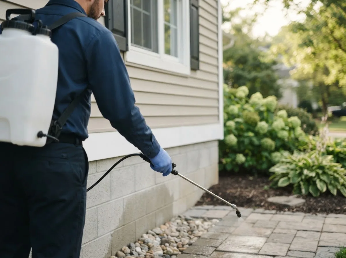 Pest control technician inspecting a home in Savanna, OK